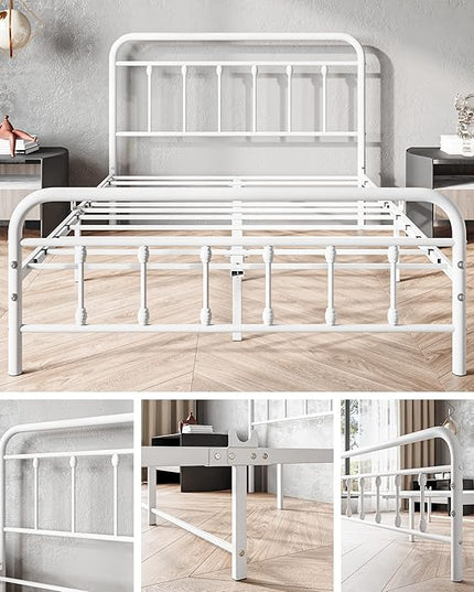 Vintage Full Size Bed Frame with Headboard and Footboard Mattress Heavy Duty Metal Platform Bed Frame Steel Slat Support (Full, White) - LeafyLoom