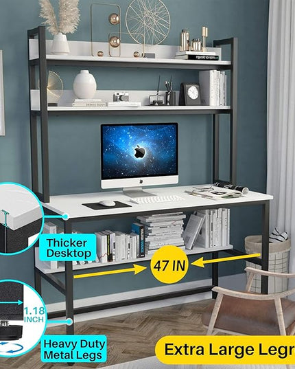 Aquzee Computer Desk with Hutch and Bookshelf, 47 inch Wide White Home Office Desk with 3 Tier Storage Shelves, for Study Writing Work, Easy Assemble - LeafyLoom