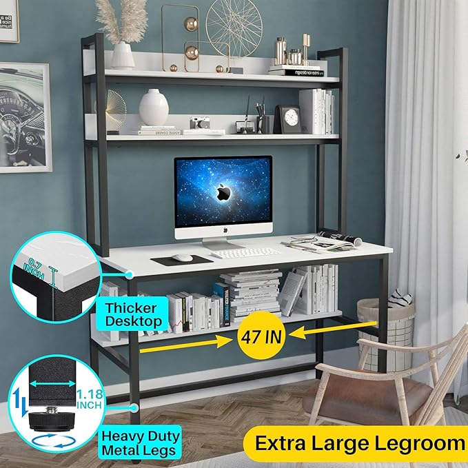 Aquzee Computer Desk with Hutch and Bookshelf, 47 inch Wide White Home Office Desk with 3 Tier Storage Shelves, for Study Writing Work, Easy Assemble - LeafyLoom