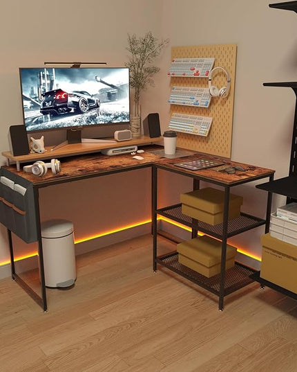 VECELO L Shaped Computer Gaming Corner Desk with Storage Bag and Shelf Home Office Table for Study Writing Room, Small Space Workstation, Rustic Brown - LeafyLoom