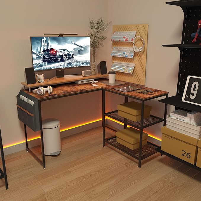 VECELO L Shaped Computer Gaming Corner Desk with Storage Bag and Shelf Home Office Table for Study Writing Room, Small Space Workstation, Rustic Brown - LeafyLoom