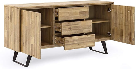 SIMPLIHOME Lowry SOLID ACACIA WOOD and Metal 60 Inch Wide Rectangle Modern Industrial Sideboard Buffet in Distressed Golden Wheat, For the Dining Room and Kitchen - LeafyLoom