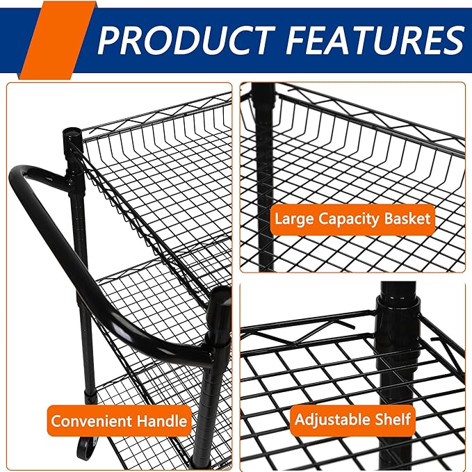 3 Tier Heavy Duty Rolling Utility Cart,18" D x 30" W x 36.6" H Rolling Carts with Wheels,Commercial Grade Metal Cart with Handle Bar & Shelf Liner,Trolley Serving Storage Cart for Kitchen Black - LeafyLoom