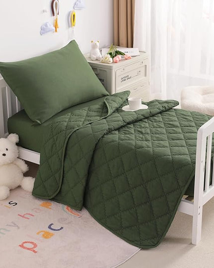 NTBAY Toddler Bedding Set - 4 Piece Soft and Breathable Crib Bedding Set for Boys and Girls, Includes Quilted Comforter, Fitted Sheet, Flat Top Sheet and Envelope Pillowcase, Olive Green - LeafyLoom