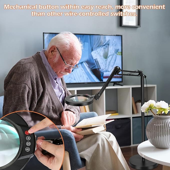 5X Magnifying Glass with Light and Stand, Krstlv LED 5 Color Modes, Stepless Dimmable Magnifying Floor Lamp, 3-in-1 Adjustable Swing Arm Lighted Magnifier Lamp with Clamp for Reading, Craft, Esthetic - LeafyLoom
