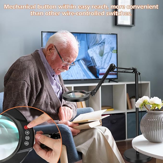 8X Magnifying Glass with Light and Stand, Krstlv LED 5 Color Modes, Stepless Dimmable Magnifying Floor Lamp, 3-in-1 Adjustable Swing Arm Lighted Magnifier Lamp with Clamp for Reading, Craft, Esthetic - LeafyLoom