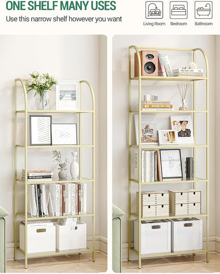 Bookcase Bookshelf, Tempered Glass Arched Bookshelf for More Storage, Slim Shelving Unit for Bedroom, Bathroom, Home Office, Steel Frame, Wide 5 Tier Gold BC22599G - LeafyLoom