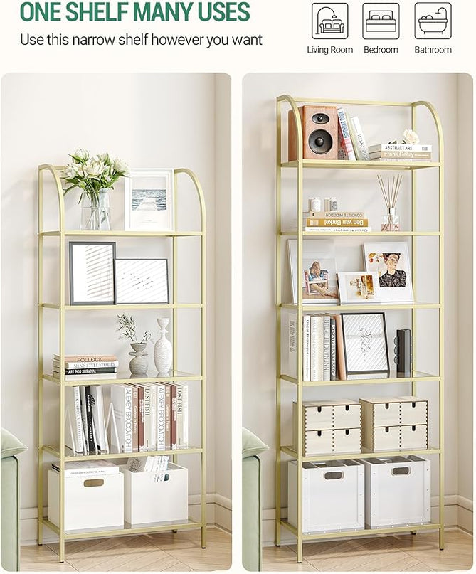 Bookcase Bookshelf, Tempered Glass Arched Bookshelf for More Storage, Slim Shelving Unit for Bedroom, Bathroom, Home Office, Steel Frame, Wide 5 Tier Gold BC22599G - LeafyLoom