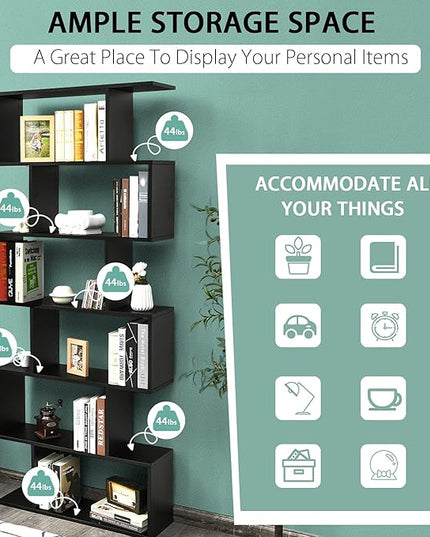 BETTARY 6-Tier Bookshelf, Freestanding S-Shaped Geometric Display Shelf, Modern Tall Bookcase for Home Office, Living Room, Bedroom, Black - LeafyLoom