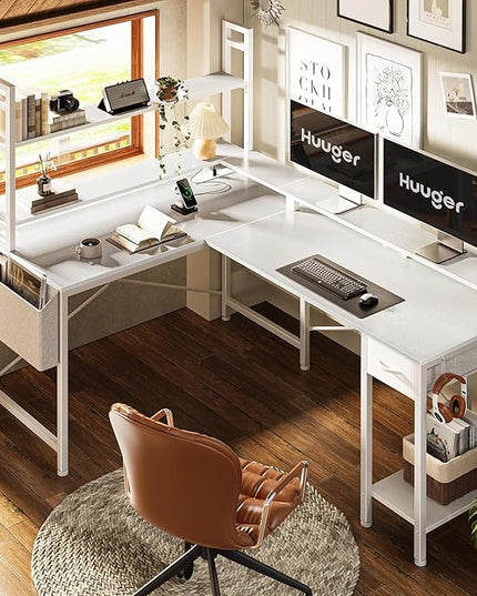 L Shaped Desk Gaming Desk with LED Lights & Power Outlets, Computer Desk with Storage Shelves, Corner Desk Home Office Desks for Bedroom, White - LeafyLoom