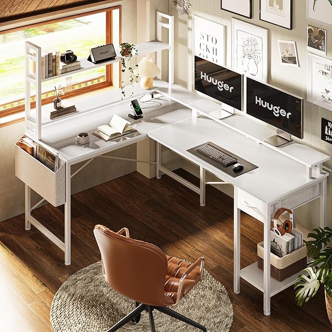 L Shaped Desk Gaming Desk with LED Lights & Power Outlets, Computer Desk with Storage Shelves, Corner Desk Home Office Desks for Bedroom, White - LeafyLoom