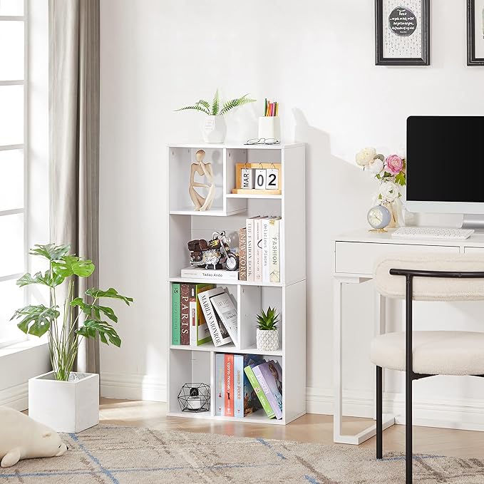 VECELO 42 Inch High Bookcase, 4-Tier Modern Storage Cabinet with Height Difference Shelves for Standard Textbooks, Floor Standing, 7 Cubes, Horizontal Available, Easy Assembly, Pearl White - LeafyLoom