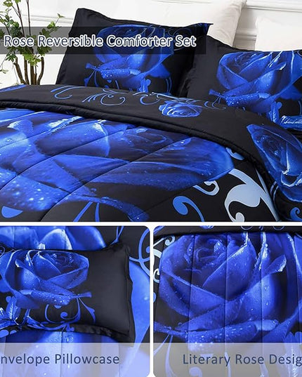 WONGS BEDDING Blue Comforter Set Queen Reversible Blue Rose Pattern Printed Bedding Comforter Set with 2 Pillowcases for All Seasons, Soft Microfiber Filling Bedding Set 90"x90" - LeafyLoom