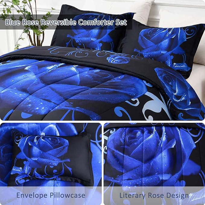 WONGS BEDDING Blue Comforter Set Queen Reversible Blue Rose Pattern Printed Bedding Comforter Set with 2 Pillowcases for All Seasons, Soft Microfiber Filling Bedding Set 90"x90" - LeafyLoom