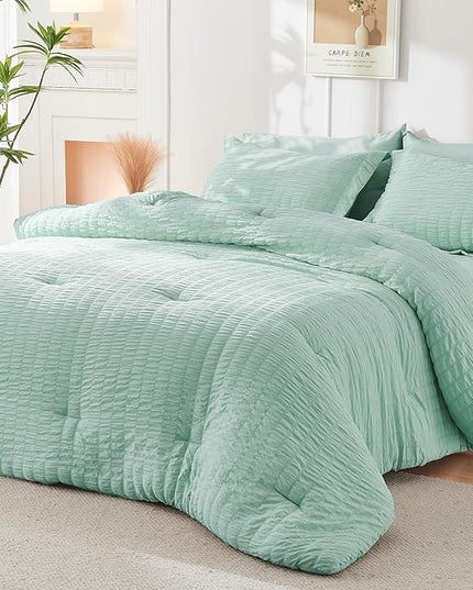 HYMOKEGE Seersucker Comforter Set Full Size 3 Pieces, Lightweight Comforter Sets for Bedding, Bed Set with 1 All Season Soft Down Alternative Comforter and 2 Pillow Shams, Sage Green - LeafyLoom