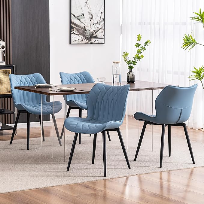 YOUNIKE Dining Chairs Set of 2 Upholstered Faux Leather Dining Room Chairs, Modern Kitchen Chairs Living Room Bedroom Side Chairs with Wide Curved Back and Adjustable Metal Legs, Blue - LeafyLoom