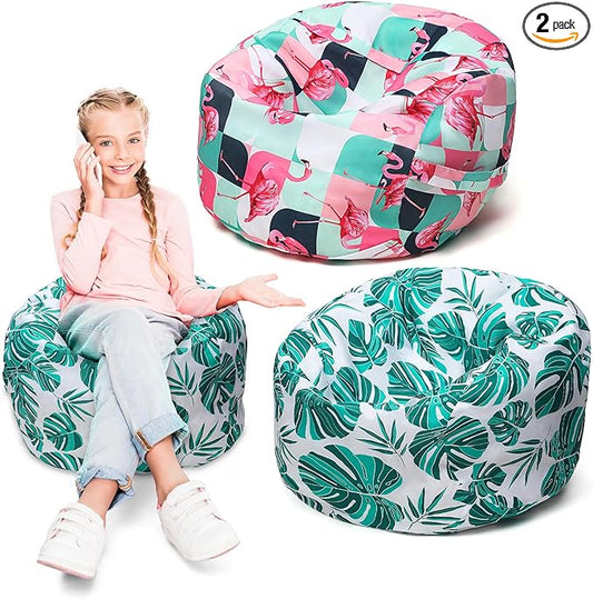 2 Pcs Bean Bag Chair for Kids 24" Empty Bean Bag with Carrying Handle Removable Washable Canvas Storage Bean Bag for Organizing Toy Room Decor(Tropical) - LeafyLoom