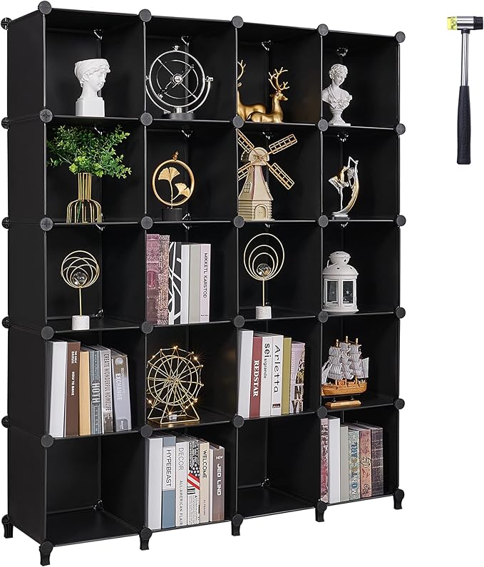 ANWBROAD Cube Storage Organizer 20-Cube Cubby Shelving Book Shelf Living Room Closet Clothes Organizers Kids Toys Craft Yarn Storage with Rubber Hammer for Bedroom Office Black ULCS020B - LeafyLoom