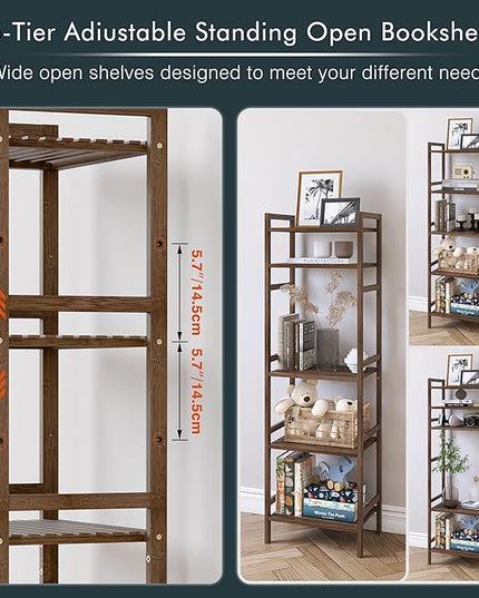 Bamboo Book Shelf, Tall Narrow Bookcase, Bathroom shelving Unit 5 tier Floor Standing Adjustable Bookshelf for Small Spaces, Walnut - LeafyLoom
