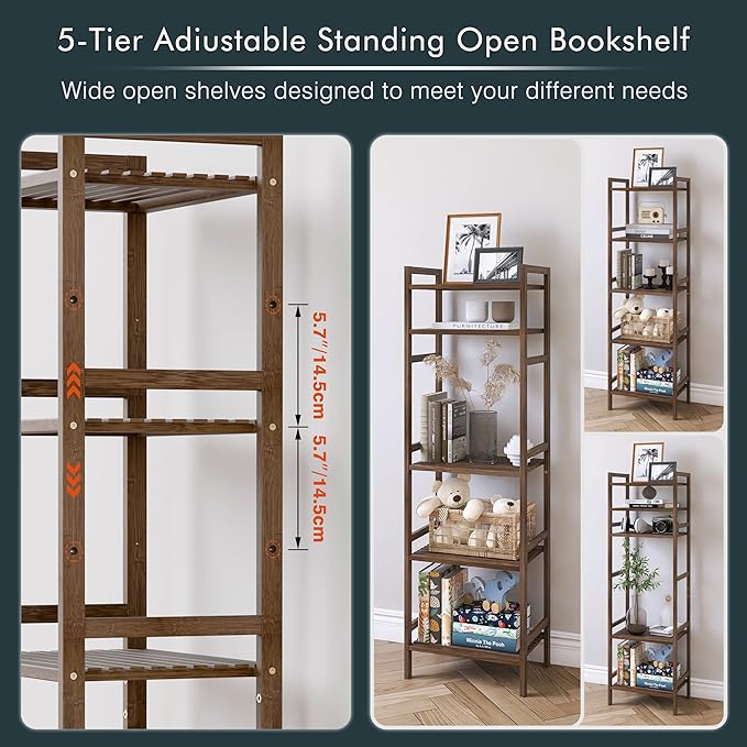 Bamboo Book Shelf, Tall Narrow Bookcase, Bathroom shelving Unit 5 tier Floor Standing Adjustable Bookshelf for Small Spaces, Walnut - LeafyLoom