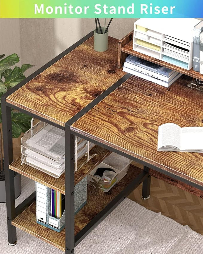 Computer Desk - 39” Gaming Desk, Home Office Desk with Storage, Small Desk with Monitor Stand, Rustic Writing Desk for 2 Monitors, Adjustable Storage Space, Modern Design Corner Table. - LeafyLoom