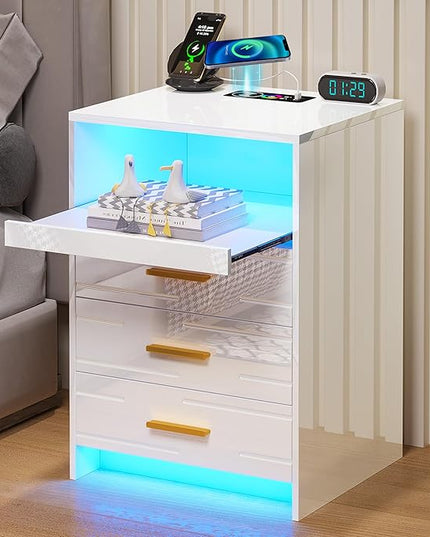 HNEBC RGB LED Nightstand with Wireless Charging Station, Smart Night Stand with 3 Drawers and Sliding Tray, Modern Bedside Table for Bedroom Furniture, High Gloss End Sofa Tables (B White) - LeafyLoom