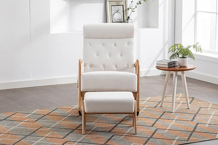 Armchair with Ottoman, Mid-Century Upholstered Accent Nursery, Glider Rocker Thick Cushion, Comfy Indoor Leisure Lounge Living Room, Bedroom, Office, Rocking Chair, Beige - LeafyLoom