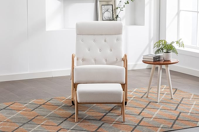 Armchair with Ottoman, Mid-Century Upholstered Accent Nursery, Glider Rocker Thick Cushion, Comfy Indoor Leisure Lounge Living Room, Bedroom, Office, Rocking Chair, Beige - LeafyLoom