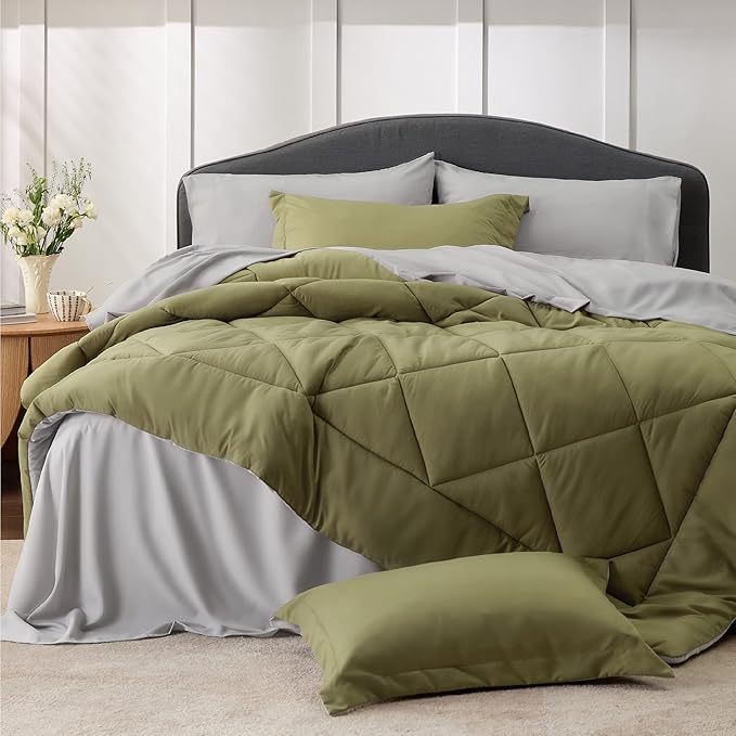 Bedsure Olive Green Queen Comforter Set - 7 Pieces Reversible Queen Bed in a Bag Queen Bed Set with Comforters, Sheets, Pillowcases & Shams, Queen Bedding Sets - LeafyLoom