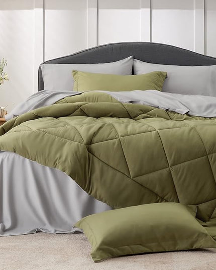 Bedsure Olive Green King Size Comforter Set - 7 Pieces Reversible King Bed in a Bag King Bed Set with Comforters, Sheets, Pillowcases & Shams, King Bedding Sets - LeafyLoom