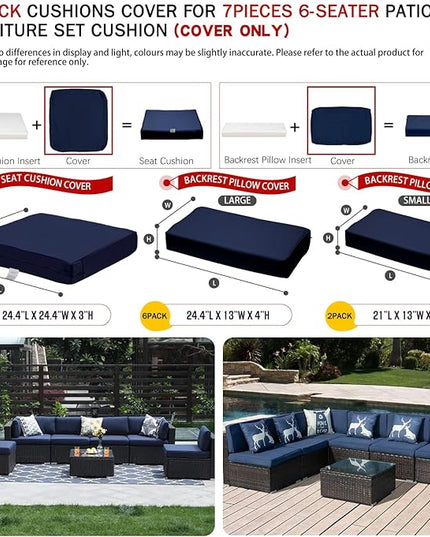 ClawsCover 14Pack Outdoor Patio Seat and Back Cushions Replacement Covers Fit for 7Pieces 6-Seater Wicker Rattan Sectional Couch Chair Furniture Set,Navy-Include Cover Only (Small) - LeafyLoom