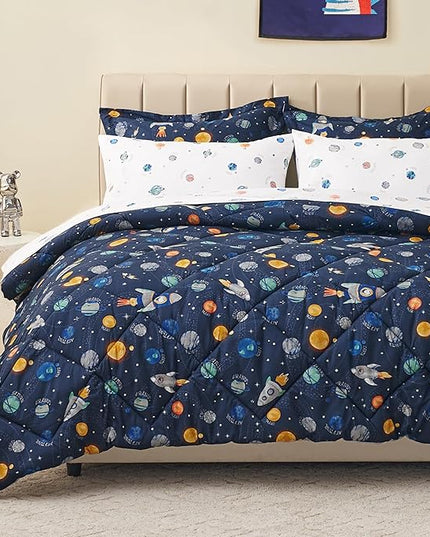 Twin Size Space Kids Bedding Set for Girls, 7 Pieces Super Soft Lightweight Microfiber Comforter Set with Sheets, Bed in a Bag, Durable Children Bed Set - LeafyLoom