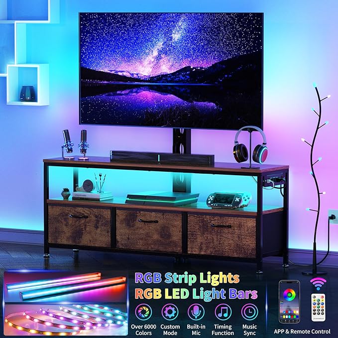 JUSTOGO TV Stand with Mount and Power Outlet, TV Stand with Drawers Storage for Living Room Bedroom, LED Entertainment Center for 45/55/60/65 inch TVs, Height Adjustable Media Console, Rustic - LeafyLoom