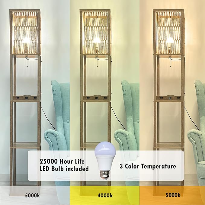 Fovara - Boho Floor Lamp with Rattan Shade - Shelves Floor Lamps for Living Room - Bohemian Light with Natural Wood Shelf - Decoration for Bedrooms with Charging Base, USB Port, and Power Socket - LeafyLoom