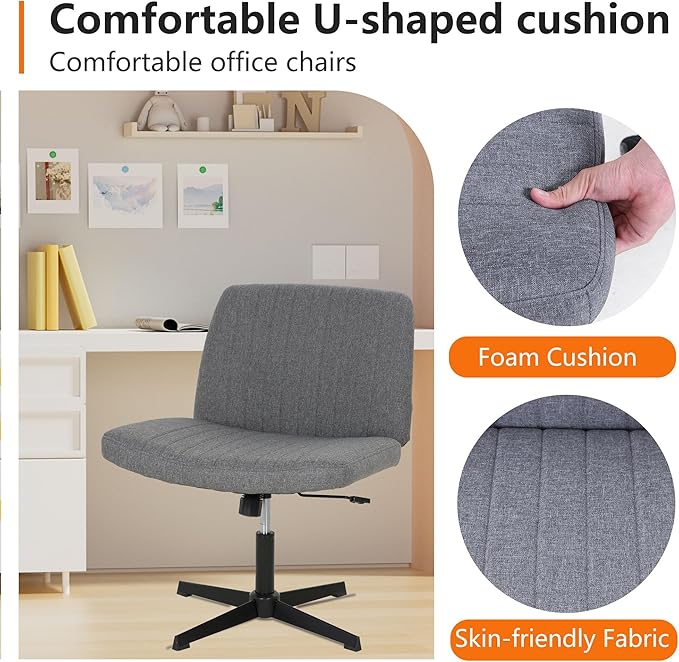 FDW Criss Cross Chair Armless Cross Legged Office Desk Chair Adjustable Swivel Ergonomic Gaming Chair No Wheels Backrest with Wide Seat Native Sponge Computer Task Vanity Chair for Home Office,Grey - LeafyLoom