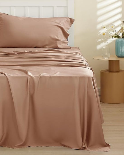 Bedsure Twin XL Sheet Set Dorm Bedding, Cooling Sheets Twin Extra Long Sheets, Rayon Derived from Bamboo, Deep Pocket Up to 16", Hotel Luxury Silky Bedding Sheets & Pillowcases, Taupe - LeafyLoom