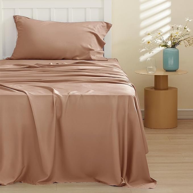 Bedsure Twin XL Sheet Set Dorm Bedding, Cooling Sheets Twin Extra Long Sheets, Rayon Derived from Bamboo, Deep Pocket Up to 16", Hotel Luxury Silky Bedding Sheets & Pillowcases, Taupe - LeafyLoom
