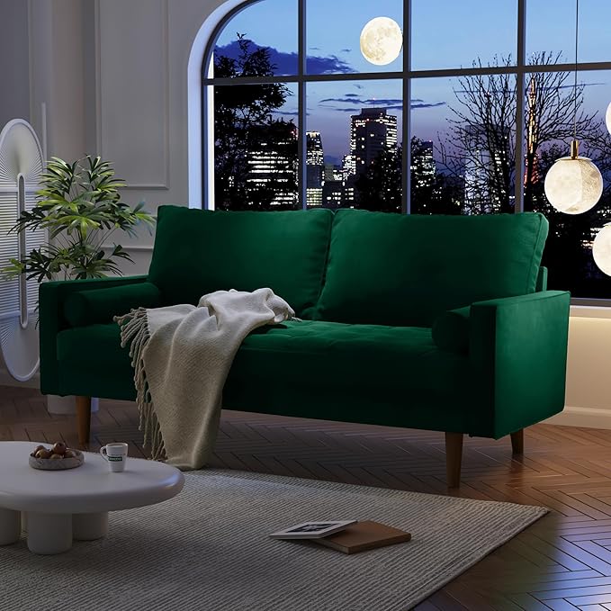 Velvet Furniture for Small Spaces, Mid-Century Modern Loveseats for Living Room, Love Seat Couch Sofas, 70 Inches, Green - LeafyLoom