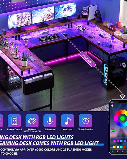 U Shaped Computer Gaming Desk, Reversible L Shaped Desk with Power Outlets, LED Strip & Monitor Stand, Large Corner Desk with Storage Shelves for Home Office, Rustic Brown - LeafyLoom