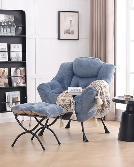 LITA Lazy Chair with Ottoman, Modern Accent Leisure Upholstered Sofa Chair, Lounge Reading Chair with Armrests and a Side Pocket for Living Room, Bedroom & Small Space, Plush Light Blue - LeafyLoom