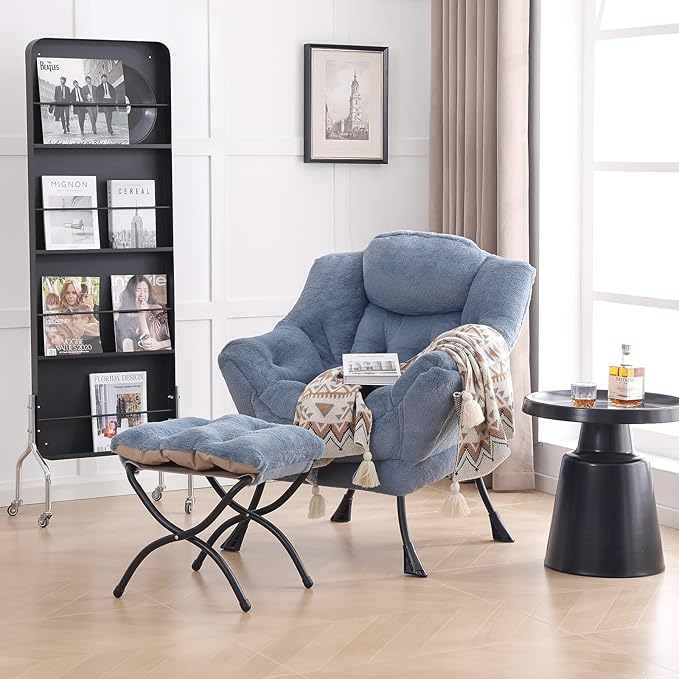 LITA Lazy Chair with Ottoman, Modern Accent Leisure Upholstered Sofa Chair, Lounge Reading Chair with Armrests and a Side Pocket for Living Room, Bedroom & Small Space, Plush Light Blue - LeafyLoom