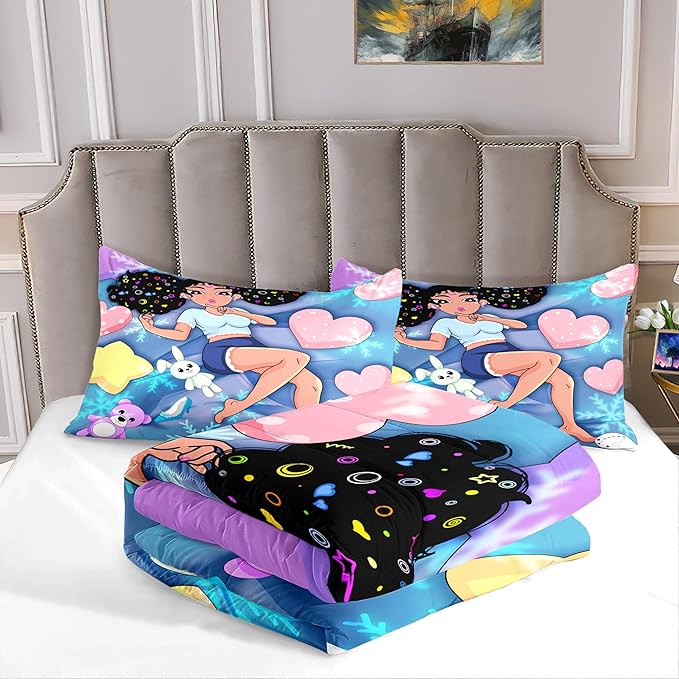 Black Girl Comforter Set - Full Size Comforter Set for Girls Bedroom Decor African American Girl Bedding Set Blue Full Quilt Set with 2 Pillowcases Kids Comforter Sets Gifts for Girls Kids Teens - LeafyLoom