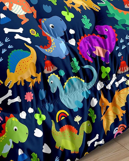 Dinosaur Full Size Bedding Set - Cartoon Dinosaur Full Size Comforter Sets for Boys Soft Breathable Blue Dino Quilt Kids Comforter Set Decor for Boys Bedroom, 1 Comforter 2 Pillowcase - LeafyLoom