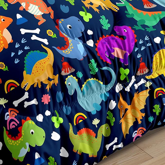 Dinosaur Full Size Bedding Set - Cartoon Dinosaur Full Size Comforter Sets for Boys Soft Breathable Blue Dino Quilt Kids Comforter Set Decor for Boys Bedroom, 1 Comforter 2 Pillowcase - LeafyLoom