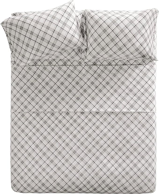 Comfort Spaces Cotton Flannel Breathable Warm Deep Pocket Sheets with Pillow Case Bedding, King, Grey Plaid 4 Piece - LeafyLoom