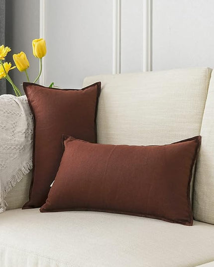 Jeanerlor Natural Cotton Linen Green Decorative 12"x20" Throw Pillow Case Cushion Cover with Twin Needles Stitch on Edge for Lumbar, (30 x 50cm), 2 Pcs, Reddish Brown - LeafyLoom