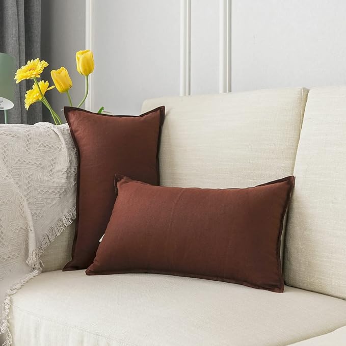 Jeanerlor Natural Cotton Linen Green Decorative 12"x20" Throw Pillow Case Cushion Cover with Twin Needles Stitch on Edge for Lumbar, (30 x 50cm), 2 Pcs, Reddish Brown - LeafyLoom
