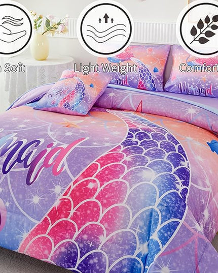 RYNGHIPY Full Bed in a Bag for Kids Teens Girls 6 Pieces, Soft Bedding for All Seasons, Cute Mermaid Tail Kids Bedding Set, Leightweight Girls Fluffy Bed Set - LeafyLoom