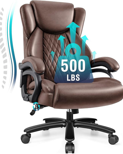 Big and Tall Office Chair 500lbs, Heavy Duty Executive Desk Chair with Adjustable Lumbar Support, Comfy Padded Cushion, Ergonomic PU Leather Home Computer Chair with Extra Wide Seat, Brown - LeafyLoom