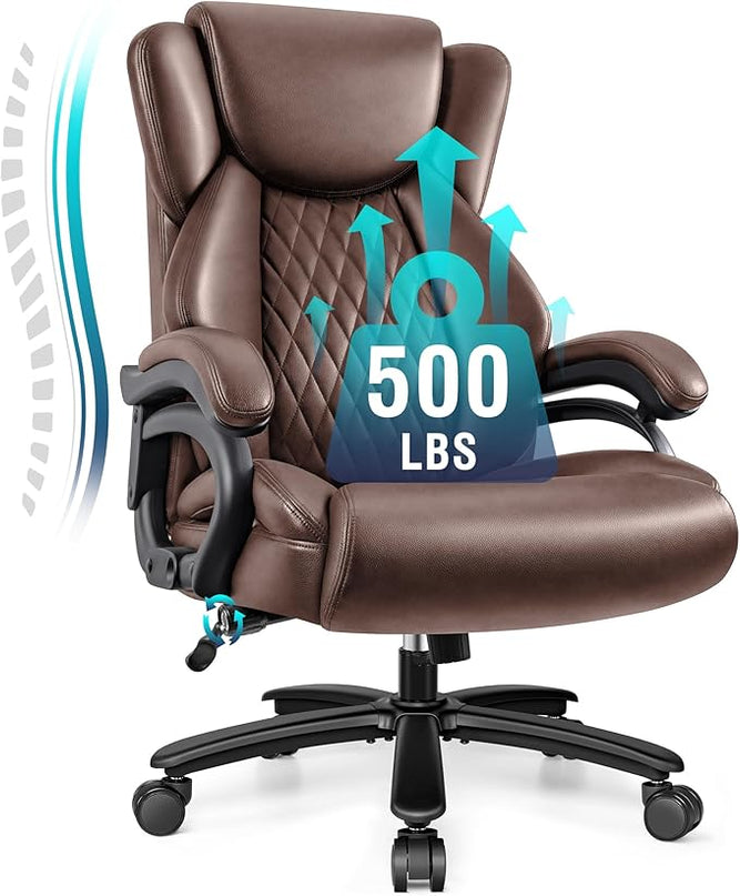 Big and Tall Office Chair 500lbs, Heavy Duty Executive Desk Chair with Adjustable Lumbar Support, Comfy Padded Cushion, Ergonomic PU Leather Home Computer Chair with Extra Wide Seat, Brown - LeafyLoom